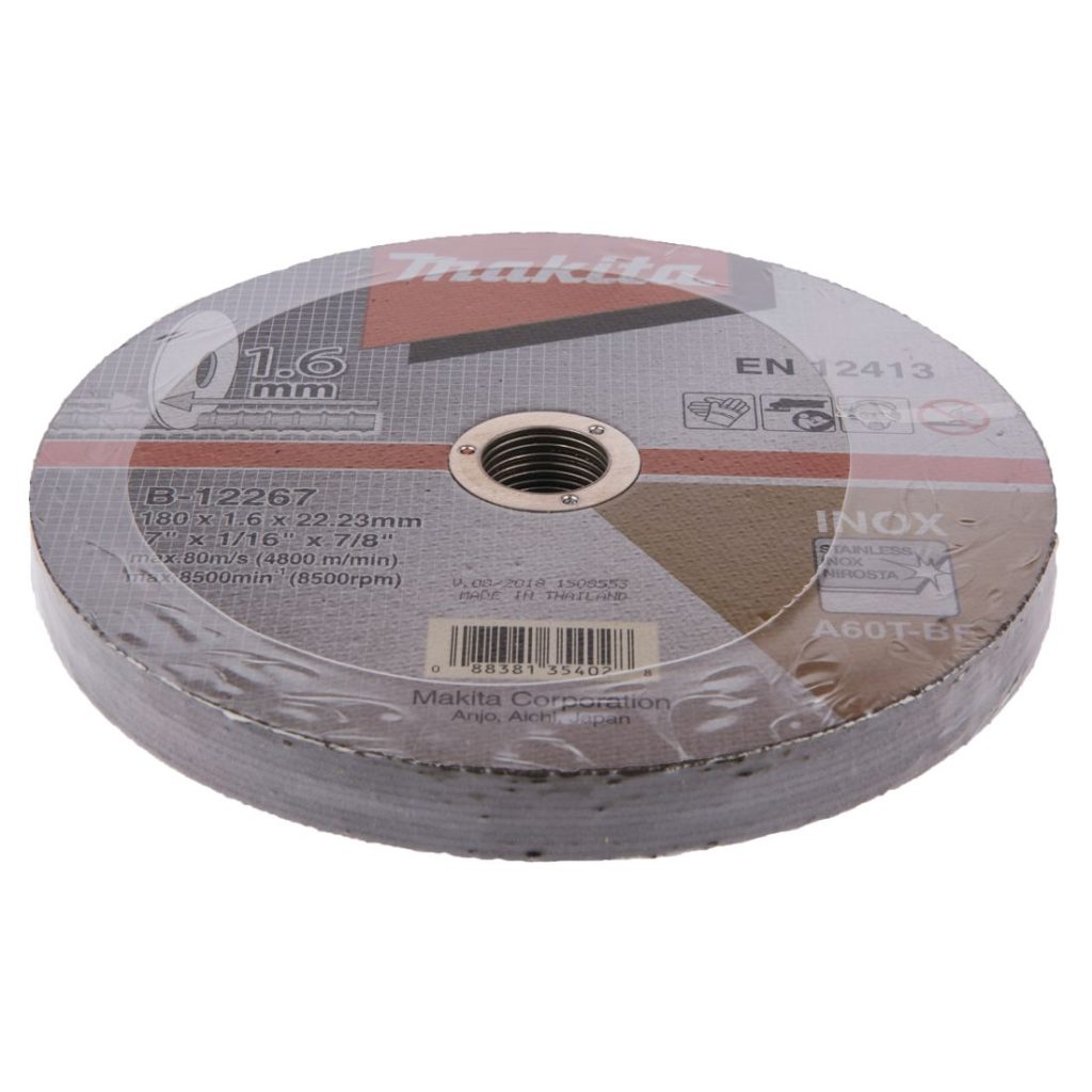 MAKITA Katkaisulaikka 180x1,6mm rst (Inox). Kuvassa katkaisulaikkapakkaus yläviistosta.
