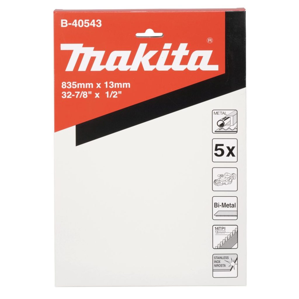 MAKITA Vannesahanterä BiM 13 x 0,5 x 835 mm , 14tpi , 5 kpl. Kuvassa vannesahanteräpakkaus edestäpäin.