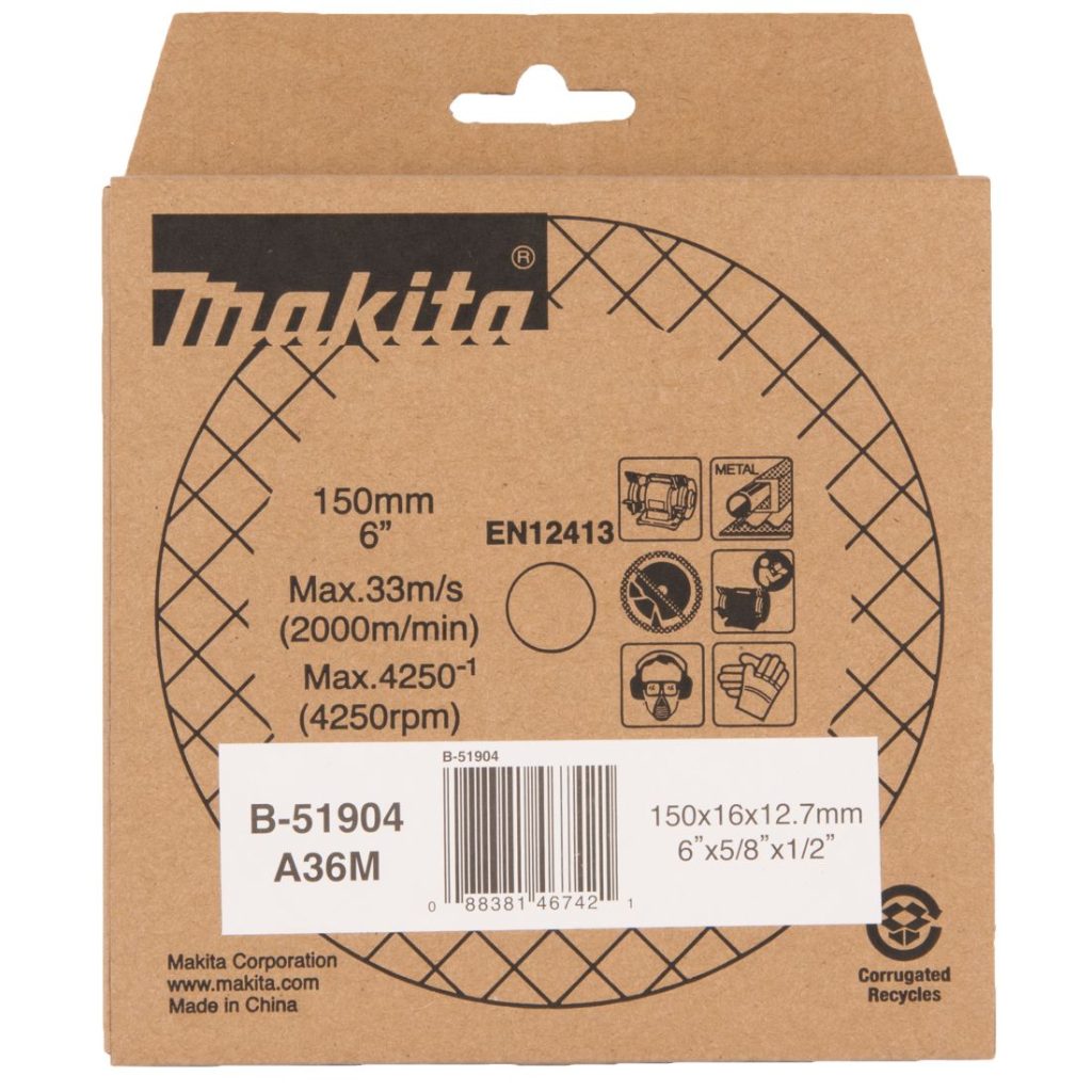 MAKITA Penkkihiomakoneen laikka 150x16x12,7 mm, A36M karkea. Kuvassa penkkkihiomakoneen laikkapakkaus edestäpäin.