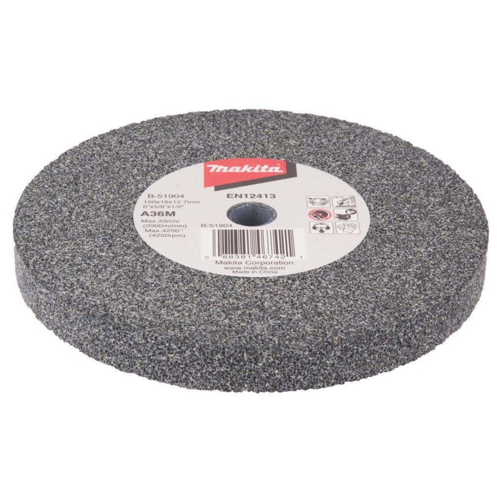 MAKITA Penkkihiomakoneen laikka 150x16x12,7 mm, A36M karkea. Kuvassa penkkkihiomakoneen laikka yläviistosta.