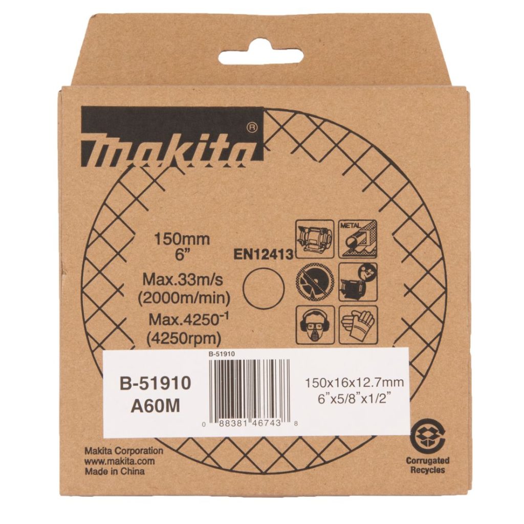 MAKITA Penkkihiomakoneen laikka 150x16x12,7 mm, A60M keskikarkea. Kuvassa penkkkihiomakoneen laikkapakkaus edestäpäin.