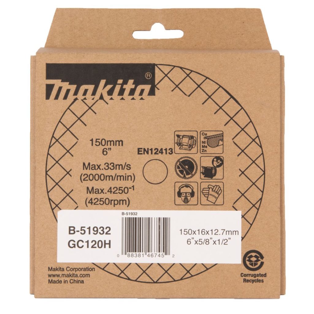 MAKITA Penkkihiomakoneen laikka 150x16x12,7 mm, GC120H hieno alu, kupari, messinki. Kuvassa penkkkihiomakoneen laikkapakkaus edestäpäin.