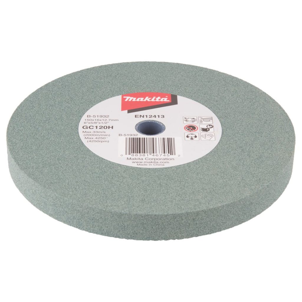 MAKITA Penkkihiomakoneen laikka 150x16x12,7 mm, GC120H hieno alu, kupari, messinki. Kuvassa penkkkihiomakoneen laikka yläviistosta.