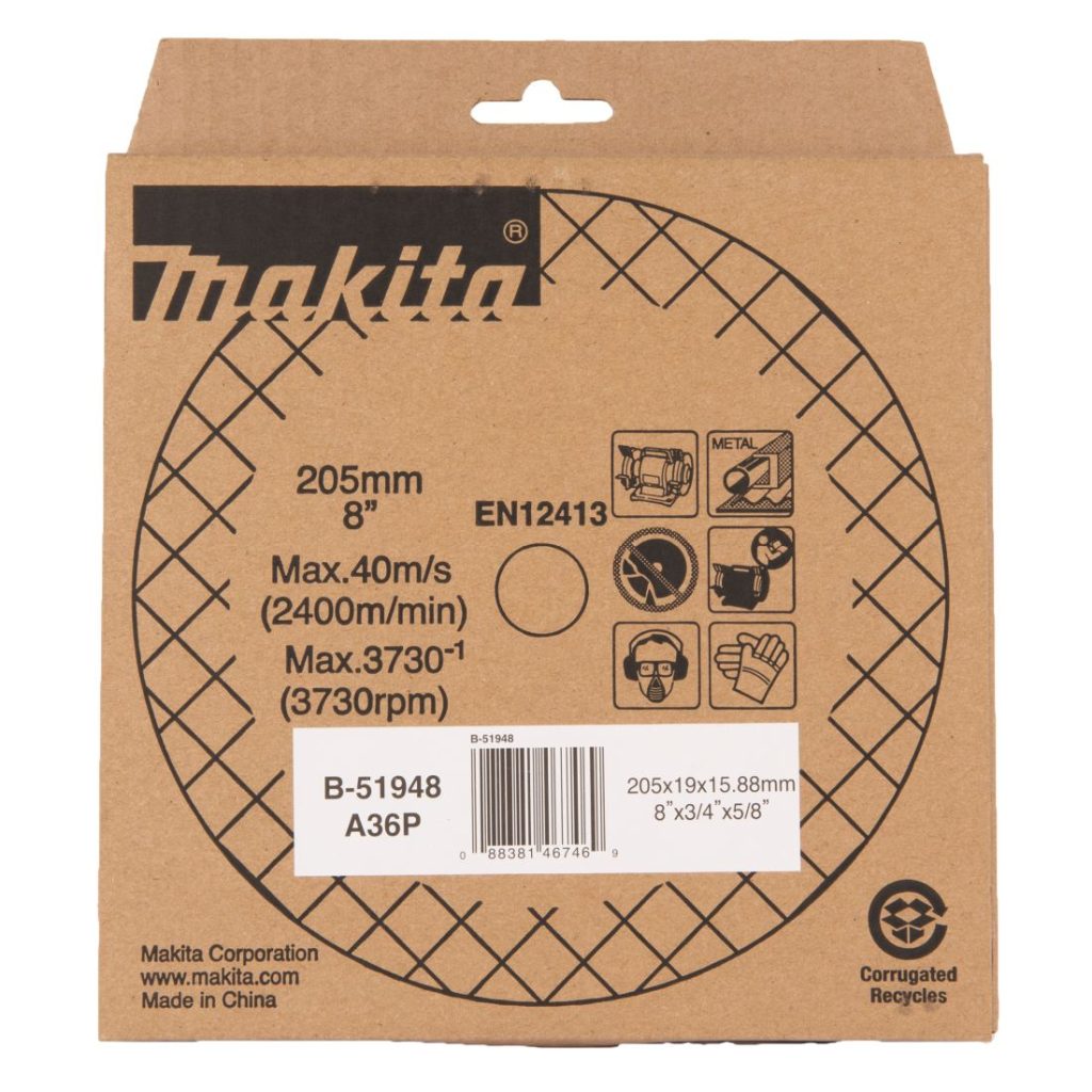 MAKITA Penkkihiomakoneen laikka 205x19x15,88 mm, A36P karkea. Kuvassa penkkkihiomakoneen laikkapakkaus edestäpäin.