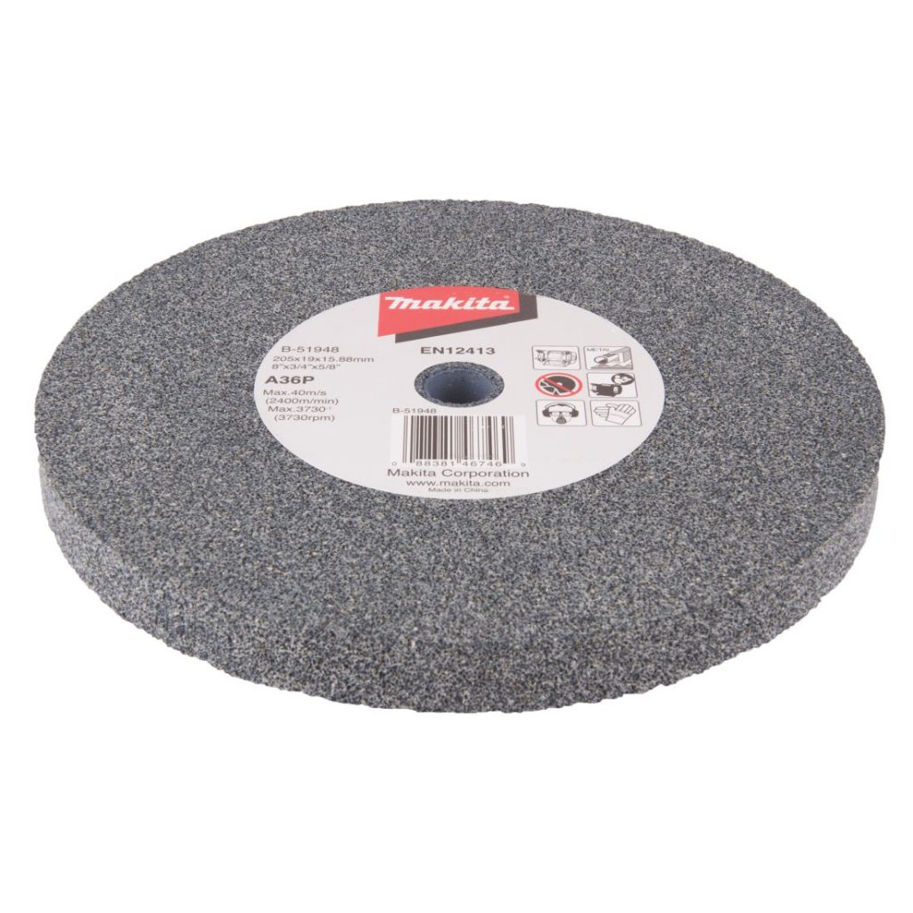 MAKITA Penkkihiomakoneen laikka 205x19x15,88 mm, A36P karkea. Kuvassa penkkkihiomakoneen laikka yläviistosta.