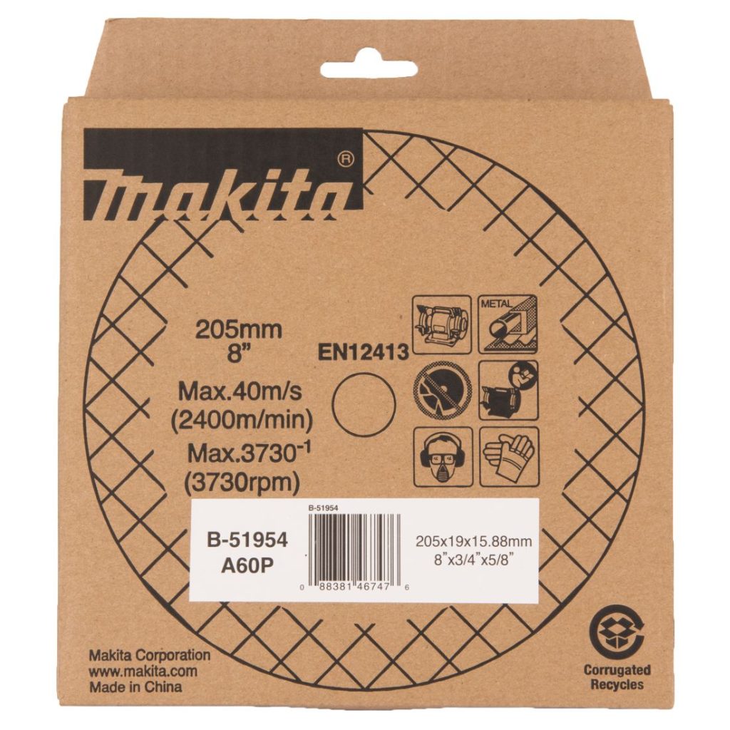 MAKITA Penkkihiomakoneen laikka 205x19x15,88 mm, A60P keskikarkea. Kuvassa penkkkihiomakoneen laikkapakkaus edestäpäin.