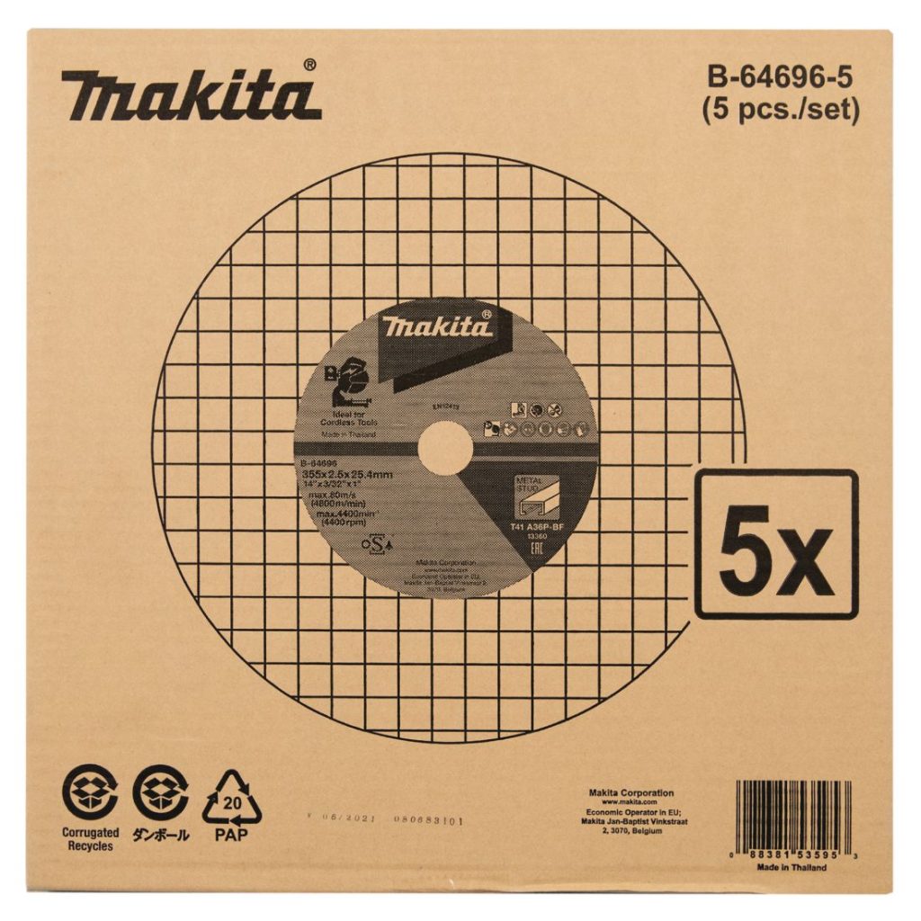 MAKITA Katkaisulaikka metalli 355 x 2,5 x 25,4 mm, A36P, 5 kpl. Kuvassa katkaisulaikkapakkaus edestäpäin.
