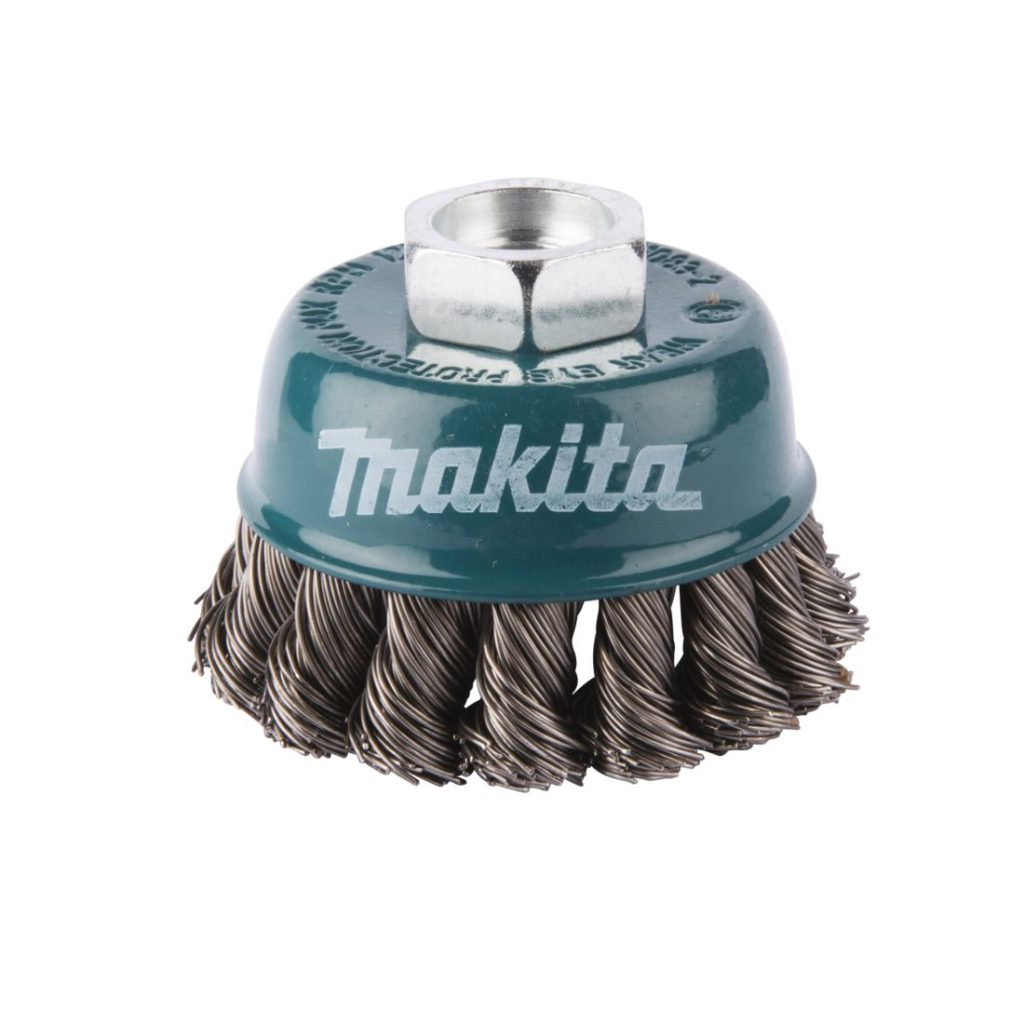 MAKITA Teräsharja 60mm x M14 viistetty kuppiharja (kulmahiomakoneille). Kuvassa kuppiharja yläviistosta.