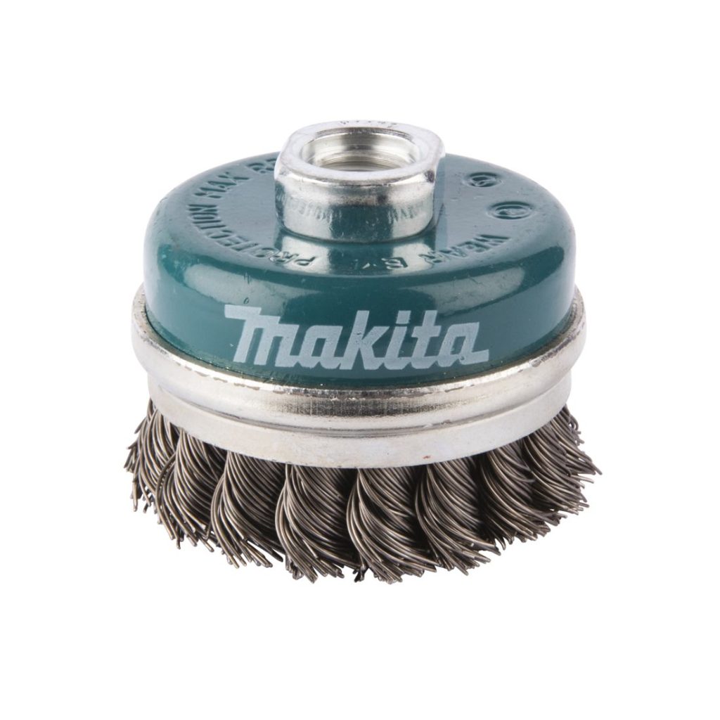 MAKITA Teräsharja 60mm x M14 suora kuppiharja (kulmahiomakoneille). Kuvassa kuppiharja yläviistosta.