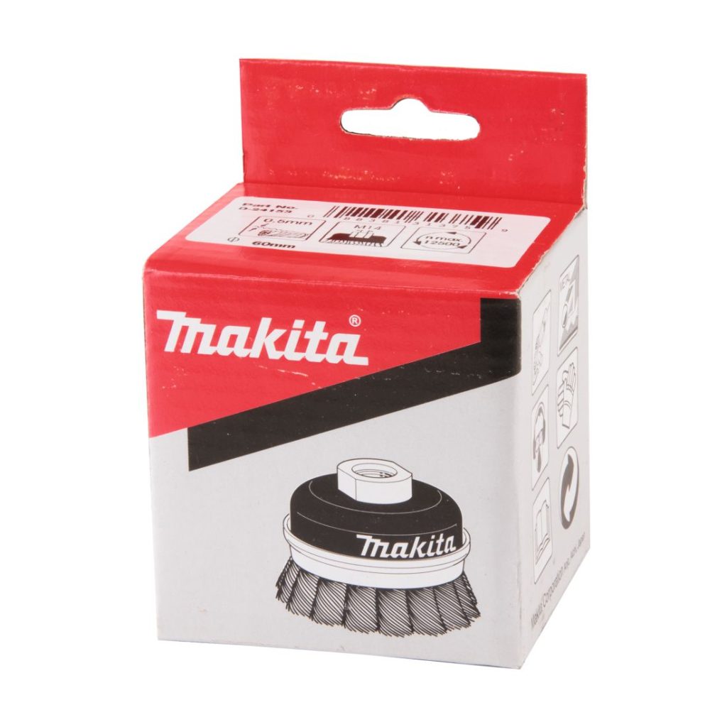 MAKITA Teräsharja 60mm x M14 suora kuppiharja (kulmahiomakoneille). Kuvassa kuppiharjapakkaus etuyläviistosta.