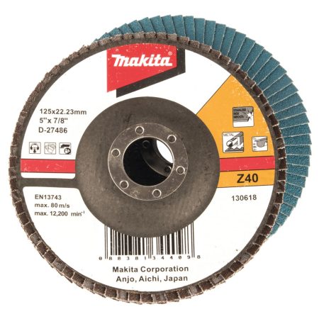 MAKITA Liuskalaikka 125mm, karkeus 40, RST, zirkoniumalumiinioksidi, ME 10kpl. Kuvassa liuskalaikka ylhäältäpäin. Laikan takaa näkyy myös liuskalaikka alapuolelta.
