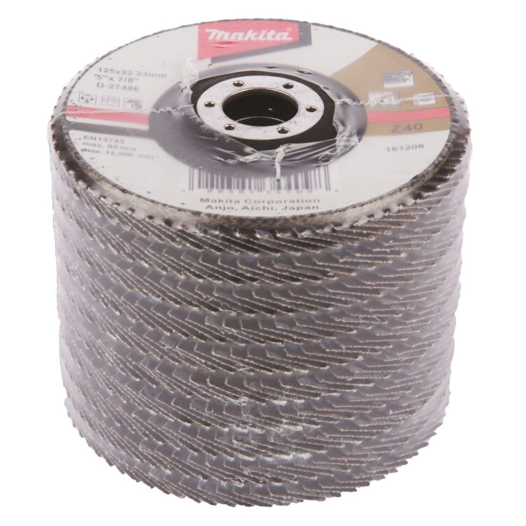 MAKITA Liuskalaikka 125mm, karkeus 40, RST, zirkoniumalumiinioksidi, ME 10kpl. Kuvassa liuskalaikkapakkaus yläviistosta.