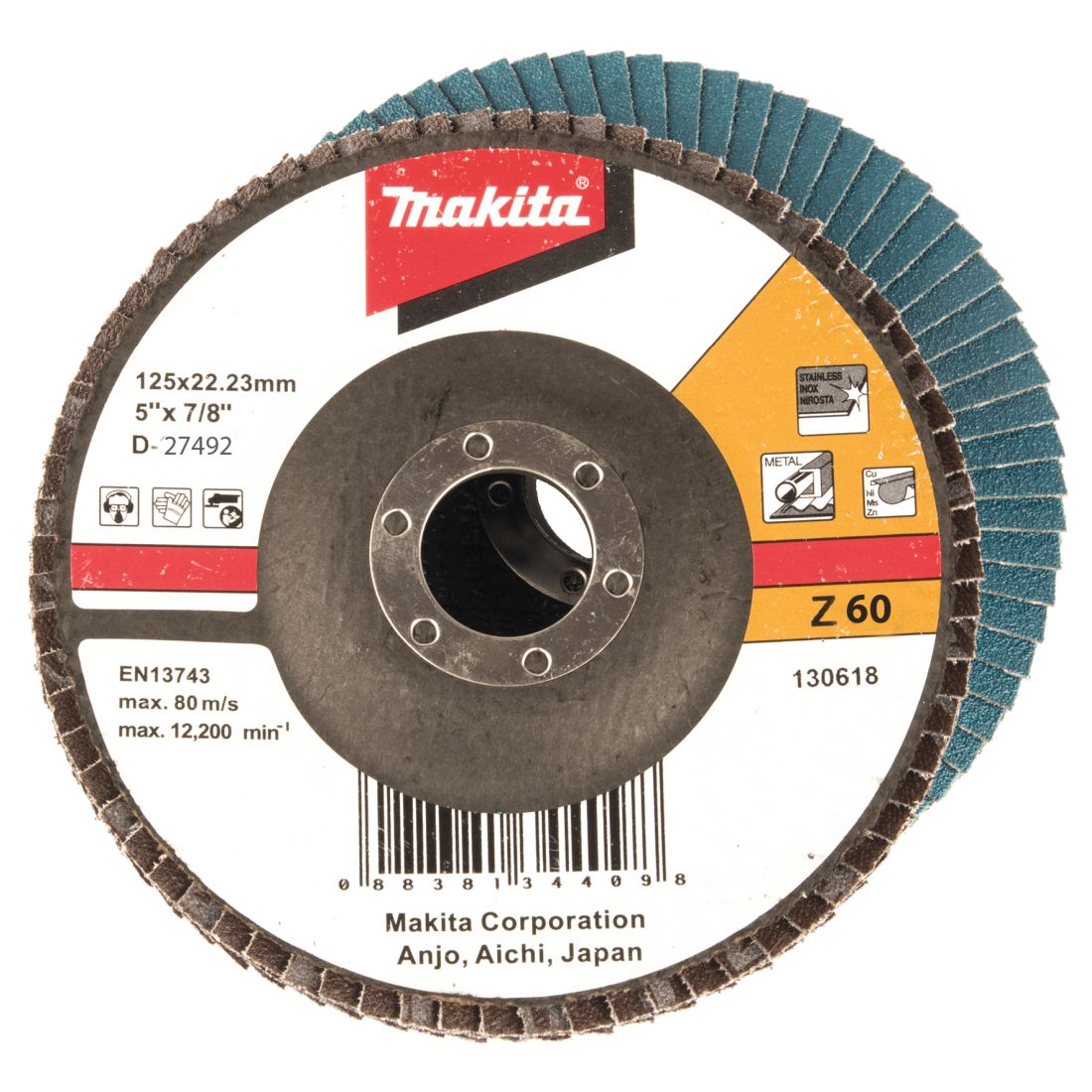 MAKITA Liuskalaikka 125mm, karkeus 60, RST, zirkoniumalumiinioksidi, ME 10kpl. Kuvassa liuskalaikka ylhäältäpäin. Laikan takaa näkyy myös liuskalaikka alapuolelta.