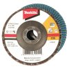 MAKITA Liuskalaikka 125mm, karkeus 80, RST, zirkoniumalumiinioksidi, ME 10kpl. Kuvassa liuskalaikka ylhäältäpäin. Laikan takaa näkyy myös liuskalaikka alapuolelta.