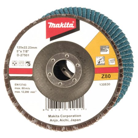 MAKITA Liuskalaikka 125mm, karkeus 80, RST, zirkoniumalumiinioksidi, ME 10kpl. Kuvassa liuskalaikka ylhäältäpäin. Laikan takaa näkyy myös liuskalaikka alapuolelta.