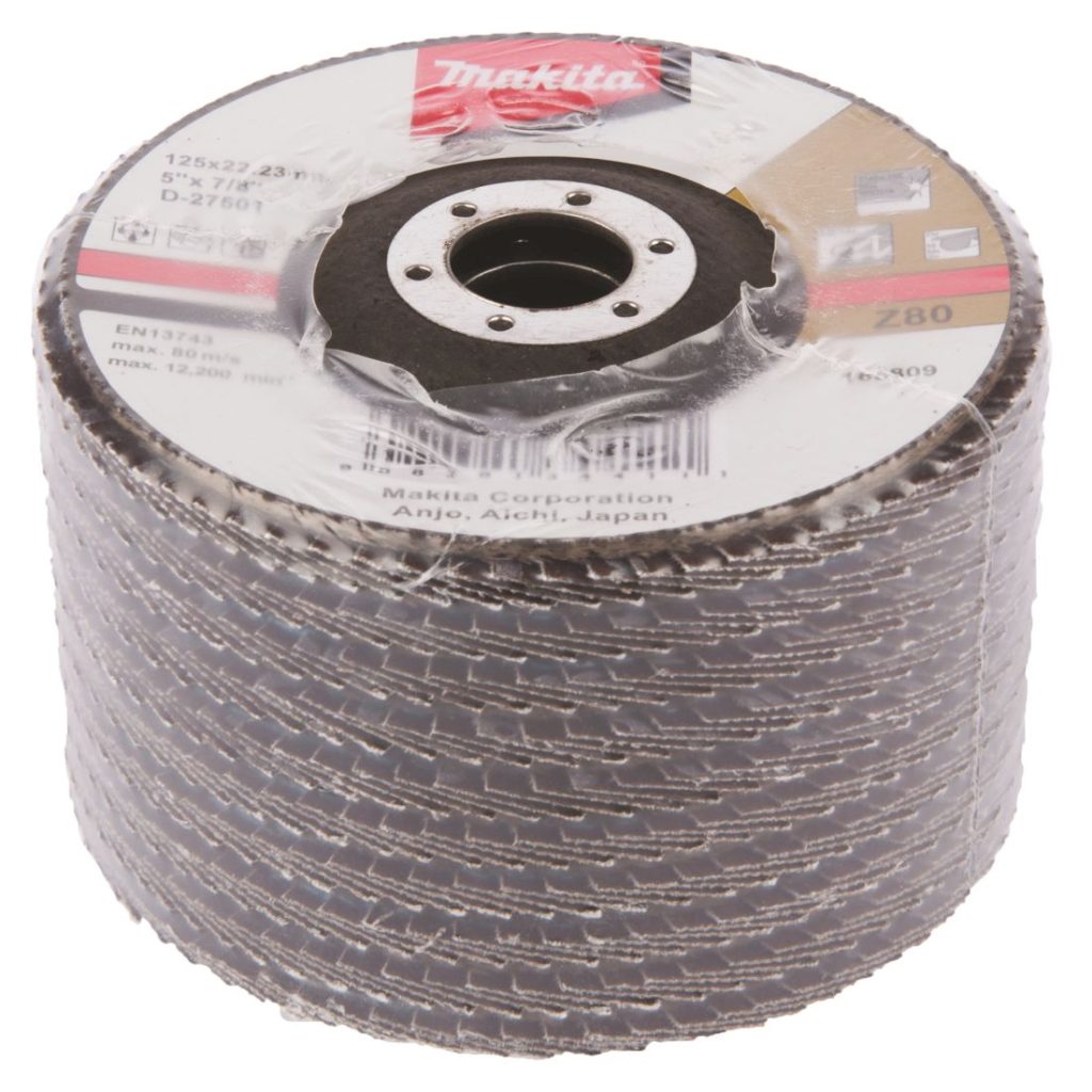 MAKITA Liuskalaikka 125mm, karkeus 80, RST, zirkoniumalumiinioksidi, ME 10kpl. Kuvassa liuskalaikkapakkaus yläviistosta.