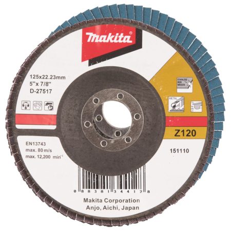 MAKITA Liuskalaikka 125mm, karkeus 120, RST, zirkoniumalumiinioksidi, ME 10kpl. Kuvassa liuskalaikka ylhäältäpäin.