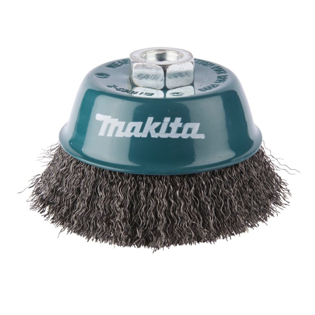 MAKITA Teräsharja 100 mm x M14 (230 mm kulmahiomakoneille). Kuvassa kuppiharja yläviistosta.