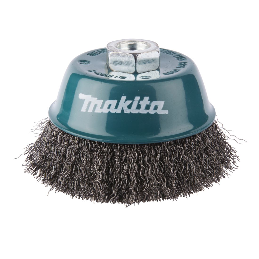 MAKITA Teräsharja 100 mm x M14 (230 mm kulmahiomakoneille). Kuvassa kuppiharja yläviistosta.