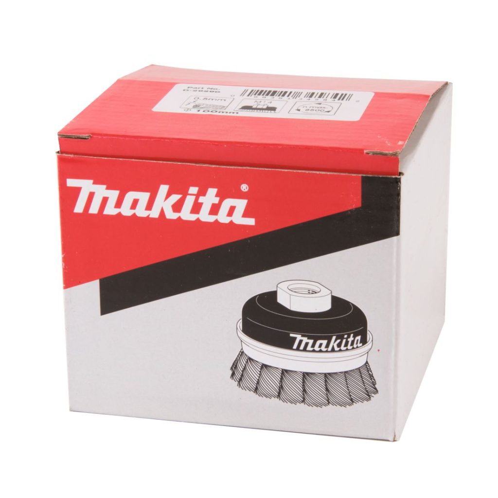 MAKITA Teräsharja 100mm x M14 suora kuppiharja (230mm kulmahiomakoneille). Kuvassa kuppiharjapakkaus etuyläviistosta.