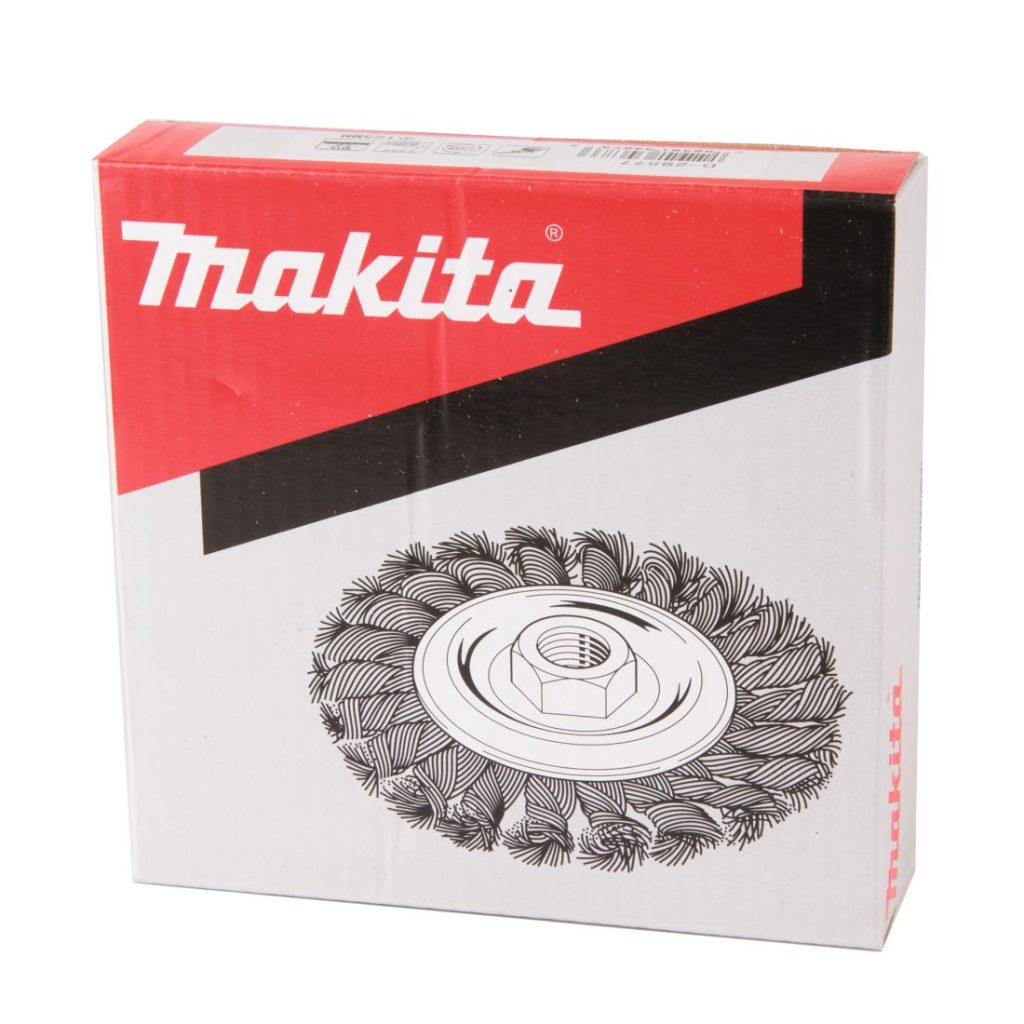 MAKITA Teräsharja 125mm x M14 laikkaharja (kulmahiomakoneille). Kuvassa laikkaharjapakkaus etuyläviistosta.