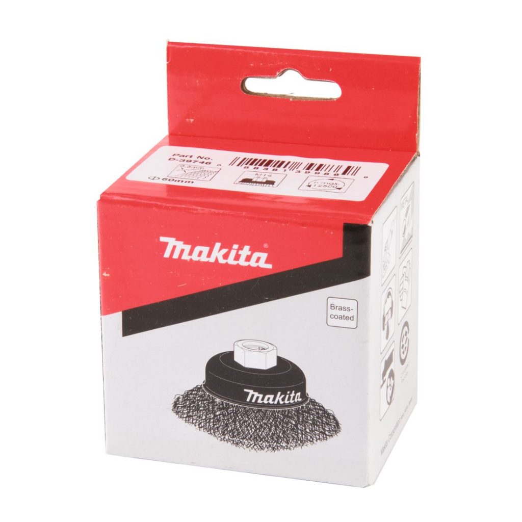 MAKITA Teräsharja 60mm x M14 viistetty kuppiharja (kulmahiomakoneille). Kuvassa kuppiharjapakkaus etuyläviistosta.