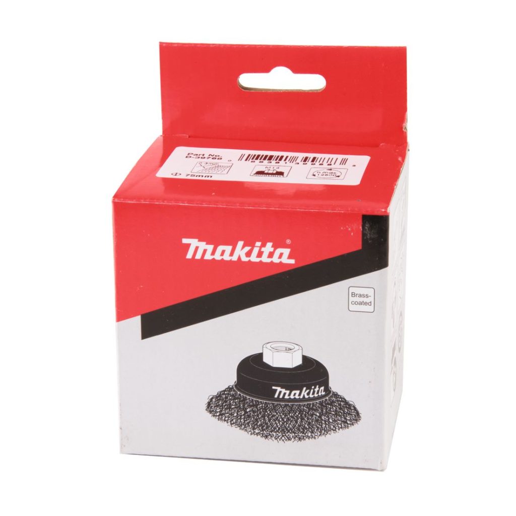 MAKITA Teräsharja 75 mm x M14 (kulmahiomakoneille). Kuvassa kuppiharjapakkaus etuyläviistosta.
