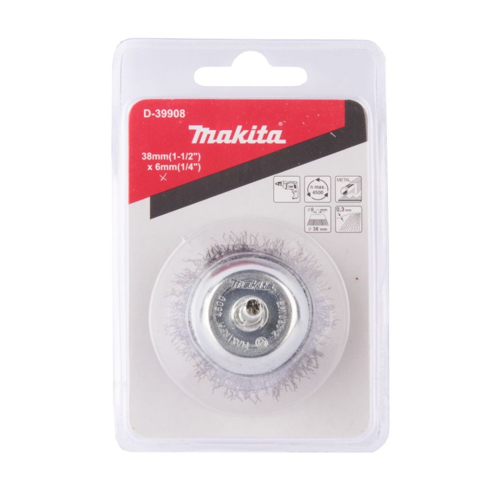 MAKITA Teräsharja 38x6mm. Kuvassa kuppiharjapakkaus edestäpäin.