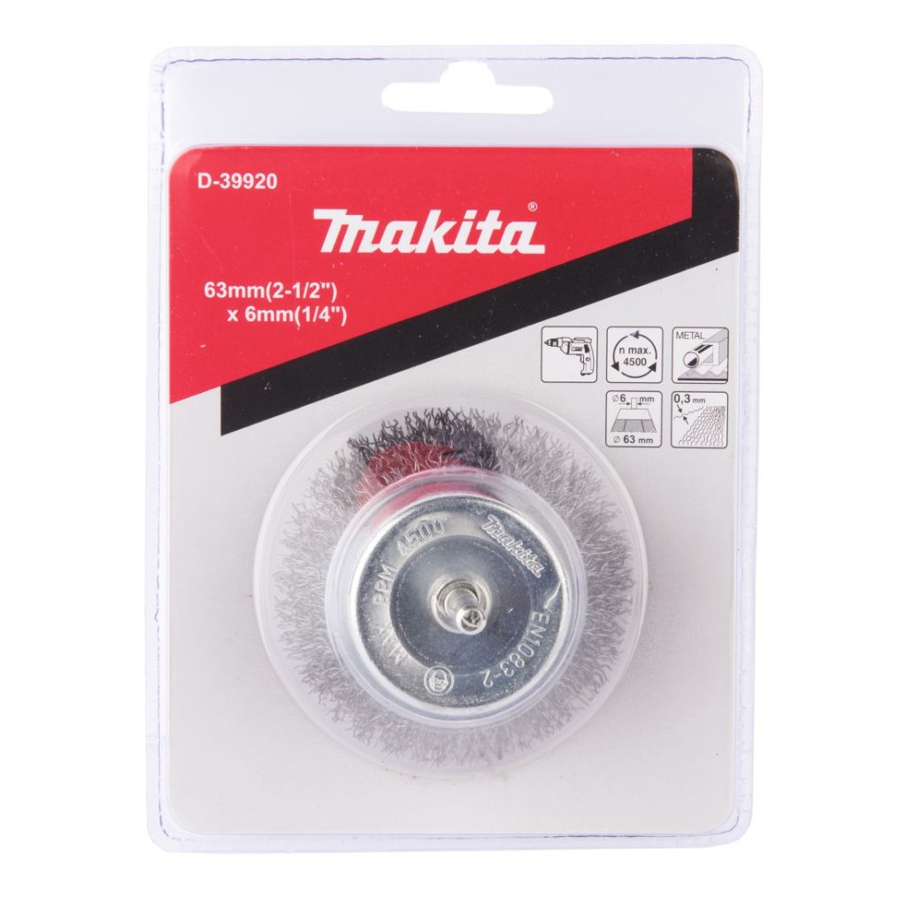 MAKITA Teräsharja 63 x 6 mm (porakoneille). Kuvassa kuppiharjapakkaus edestäpäin.