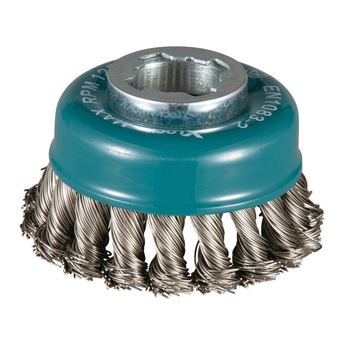 MAKITA Teräsharja 80 mm X-Lock. Kuvassa kuppiharja etuyläviistosta.