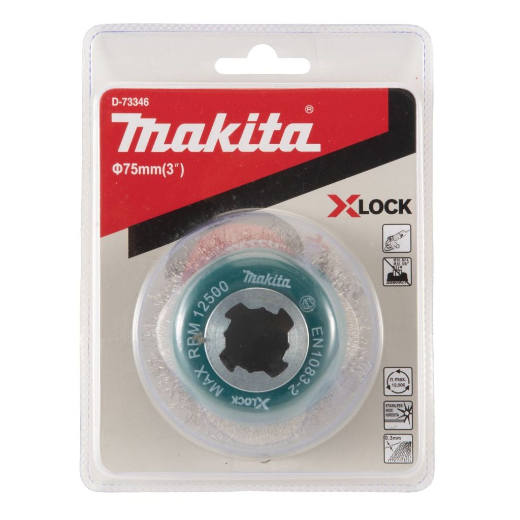 MAKITA Teräsharja 75 mm X-Lock. Kuvassa kuppiharjapakkaus edestäpäin.
