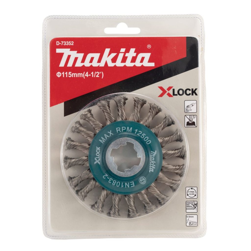 MAKITA Teräsharja 115 mm X-Lock. Kuvassa laikkaharjapakkaus edestäpäin.