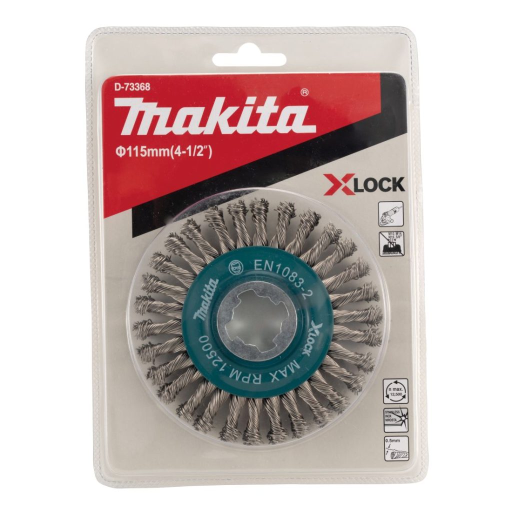 MAKITA Teräsharja 115 mm X-Lock. Kuvassa laikkaharjapakkaus edestäpäin.