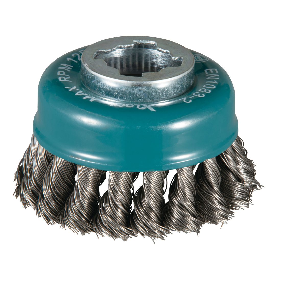 MAKITA Teräsharja 80 mm X-Lock. Kuvassa kuppiharja etuyläviistosta.