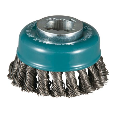 MAKITA Teräsharja 80 mm X-Lock. Kuvassa kuppiharja etuyläviistosta.