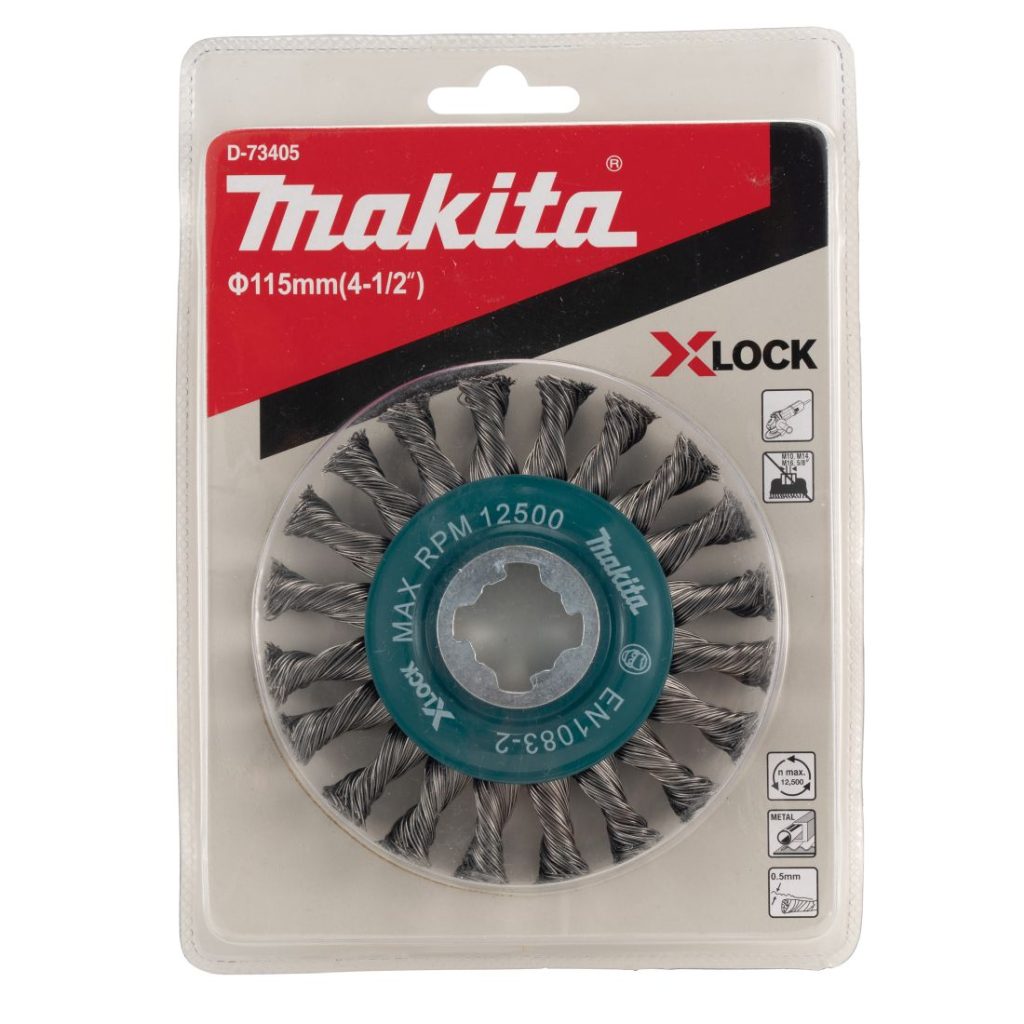 MAKITA Teräsharja 115 mm X-Lock. Kuvassa laikkaharjapakkaus edestäpäin.