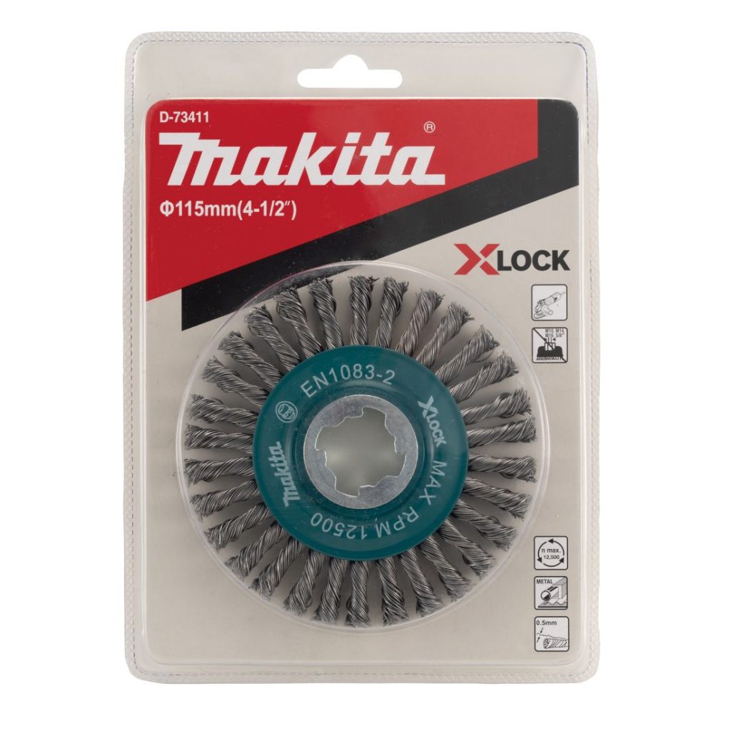 MAKITA Teräsharja 115 mm X-Lock. Kuvassa laikkaharjapakkaus edestäpäin.