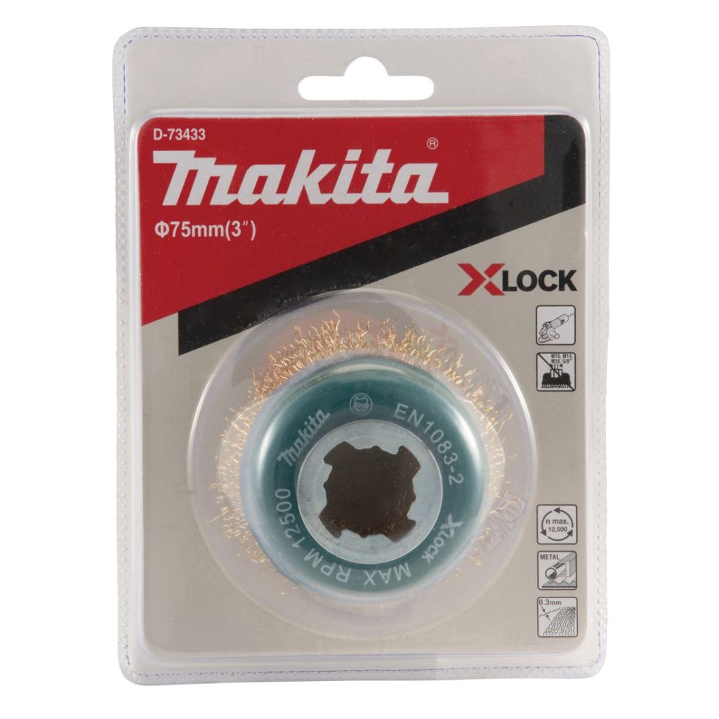 MAKITA Teräsharja 75 mm X-Lock. Kuvassa kuppiharjapakkaus edestäpäin.