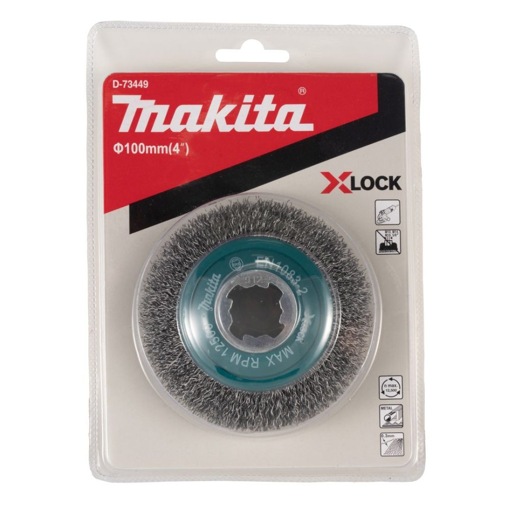 MAKITA Teräsharja 100 mm X-Lock. Kuvassa kuppiharjapakkaus edestäpäin.