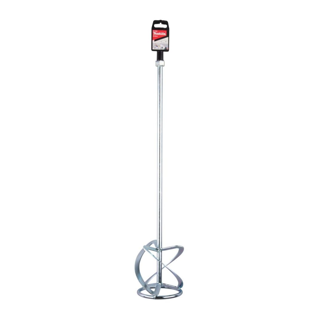 MAKITA Vispilä 120 x 600 mm, M14. Kuvassa vispilä pystyasennossa myymäläripustuskoukku kiinnitettynä.