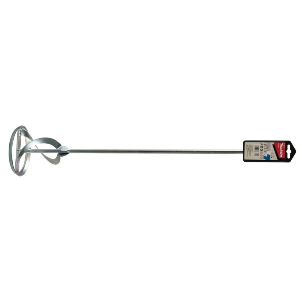 MAKITA Vispilä 120 x 600 mm, 3/8". Kuvassa vispilä sivustapäin myymälän ripustuskoukku kiinnitettynä.