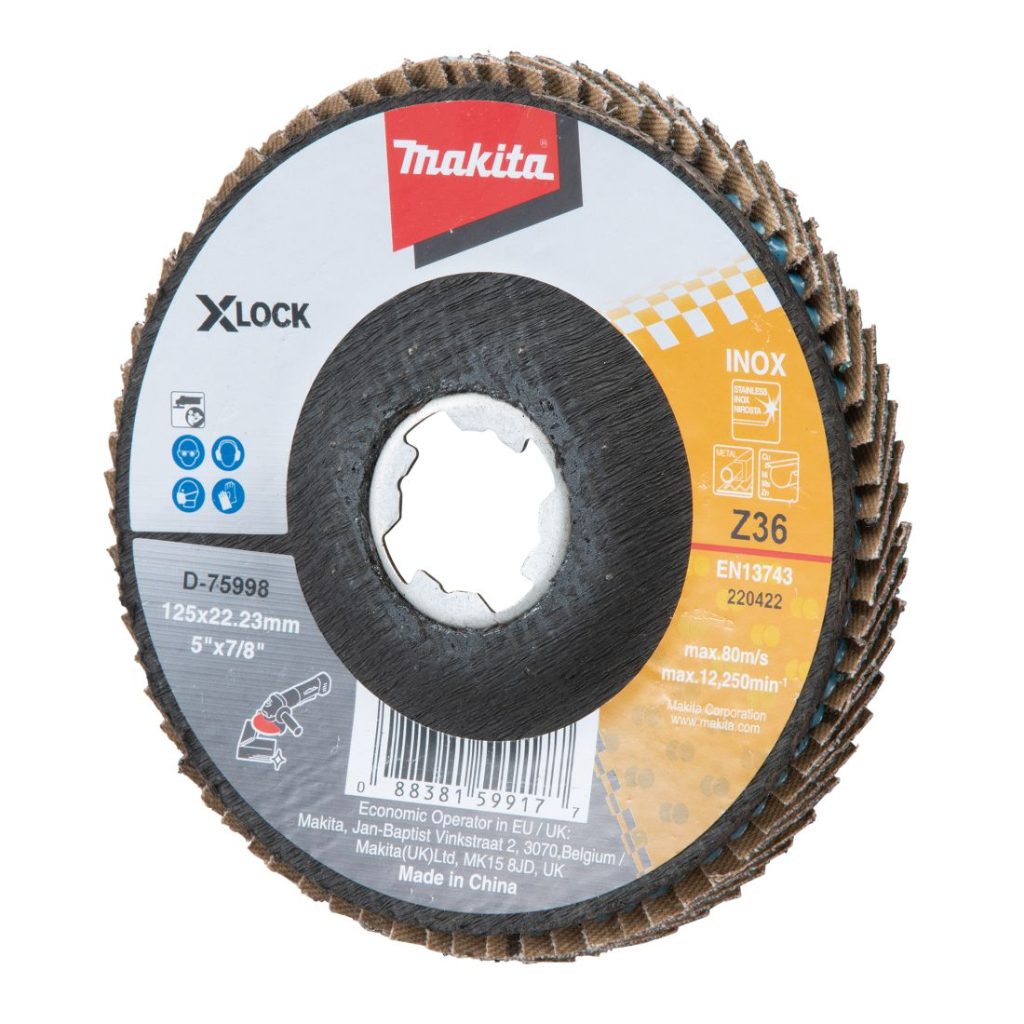 MAKITA Liuskalaikka 125 mm X-LOCK K36 rst Zircon. Kuvassa liuskalaikka etuviistosta.