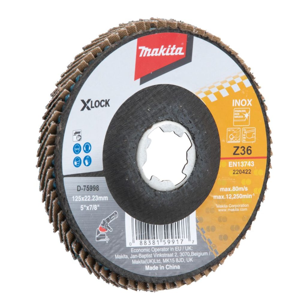 MAKITA Liuskalaikka 125 mm X-LOCK K36 rst Zircon. Kuvassa liuskalaikka etuviistosta.