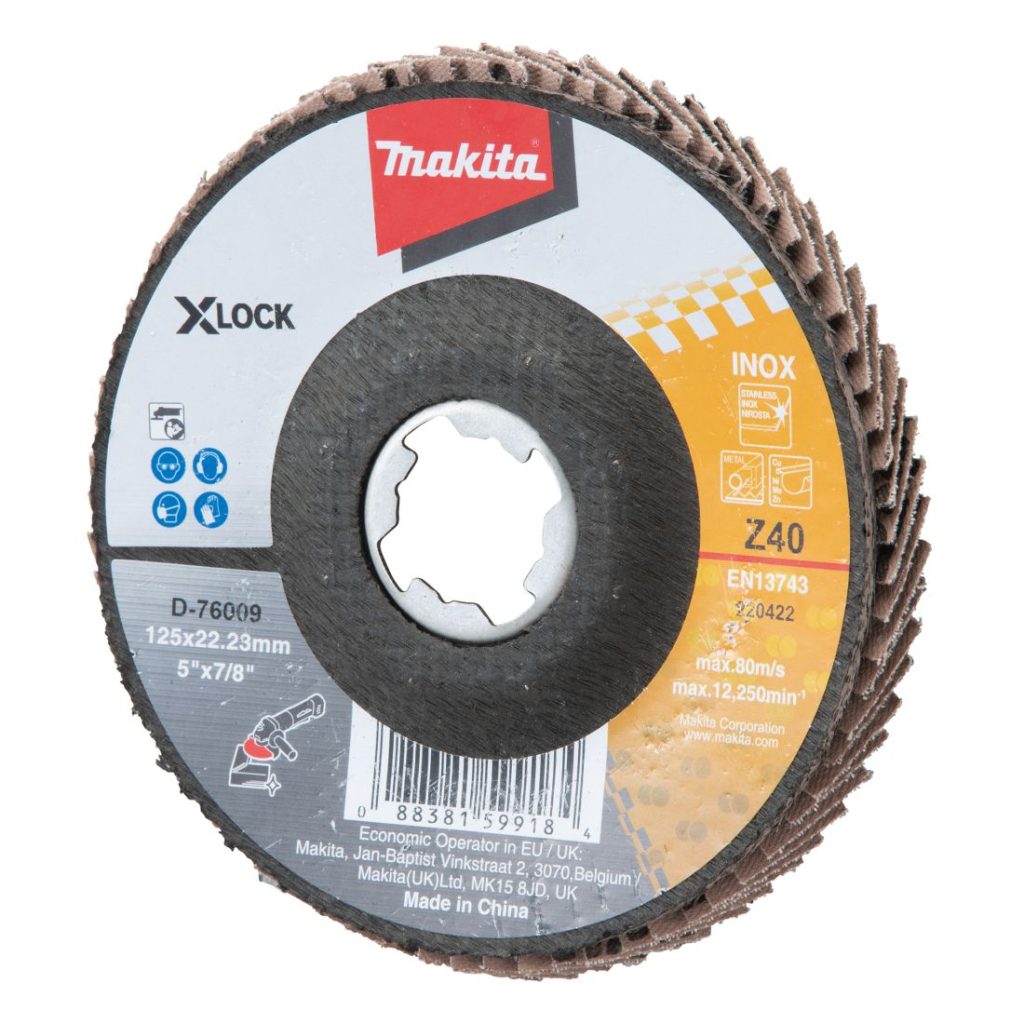MAKITA Liuskalaikka 125 mm X-LOCK K40 rst Zircon. Kuvassa liuskalaikka etuviistosta.