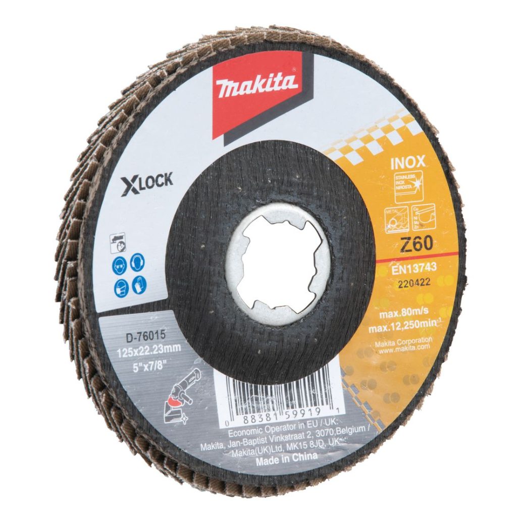 MAKITA Liuskalaikka 125 mm X-LOCK K60 rst Zircon. Kuvassa liuskalaikka etuviistosta.