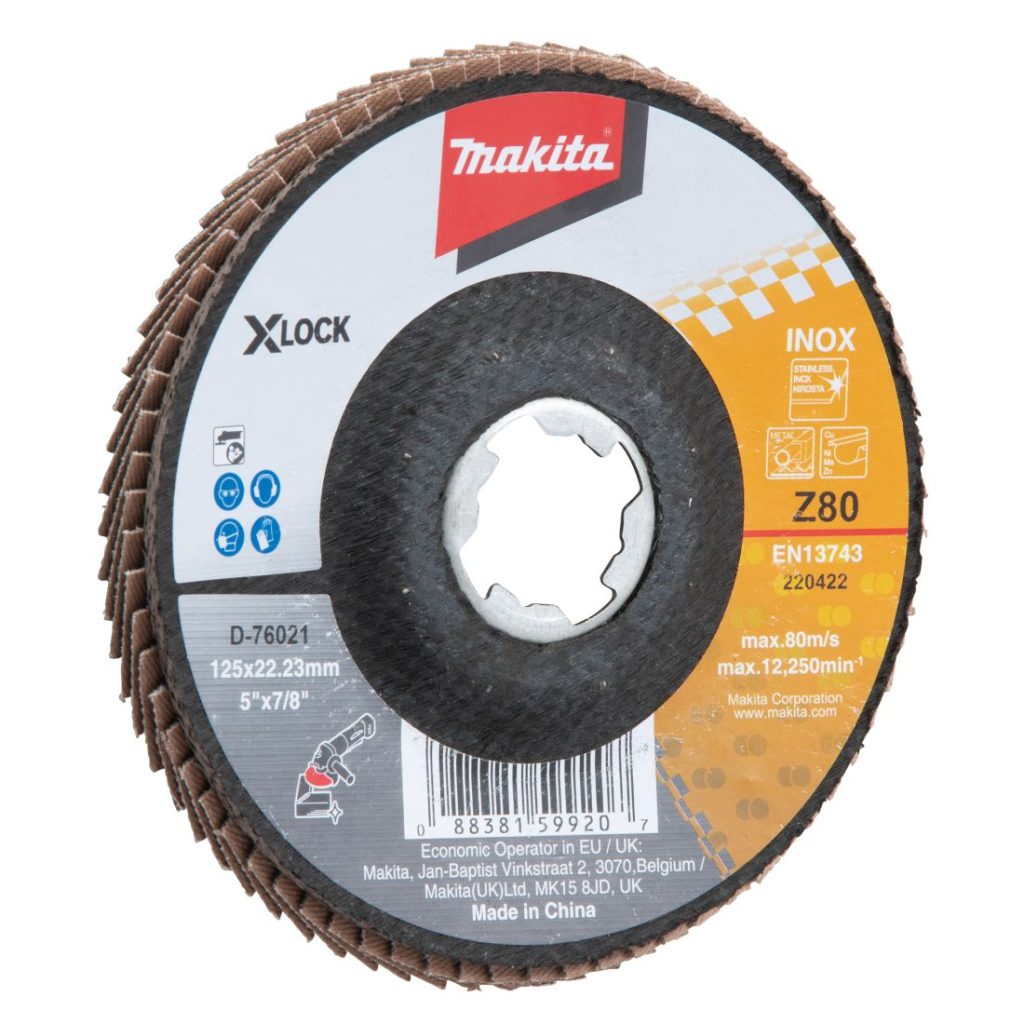 MAKITA Liuskalaikka 125 mm X-LOCK K80 rst Zircon. Kuvassa liuskalaikka etuviistosta.