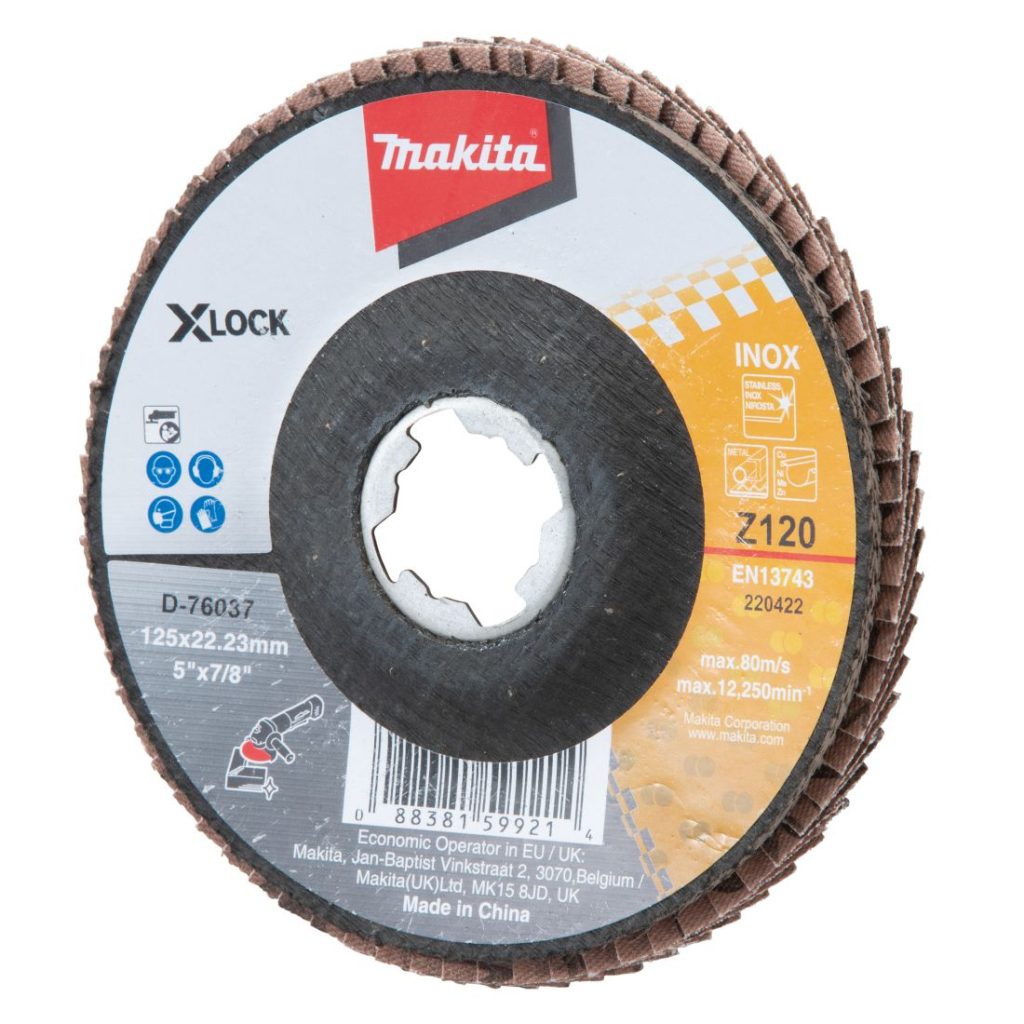 MAKITA Liuskalaikka 125 mm X-LOCK K120 rst Zircon. Kuvassa liuskalaikka etuviistosta.