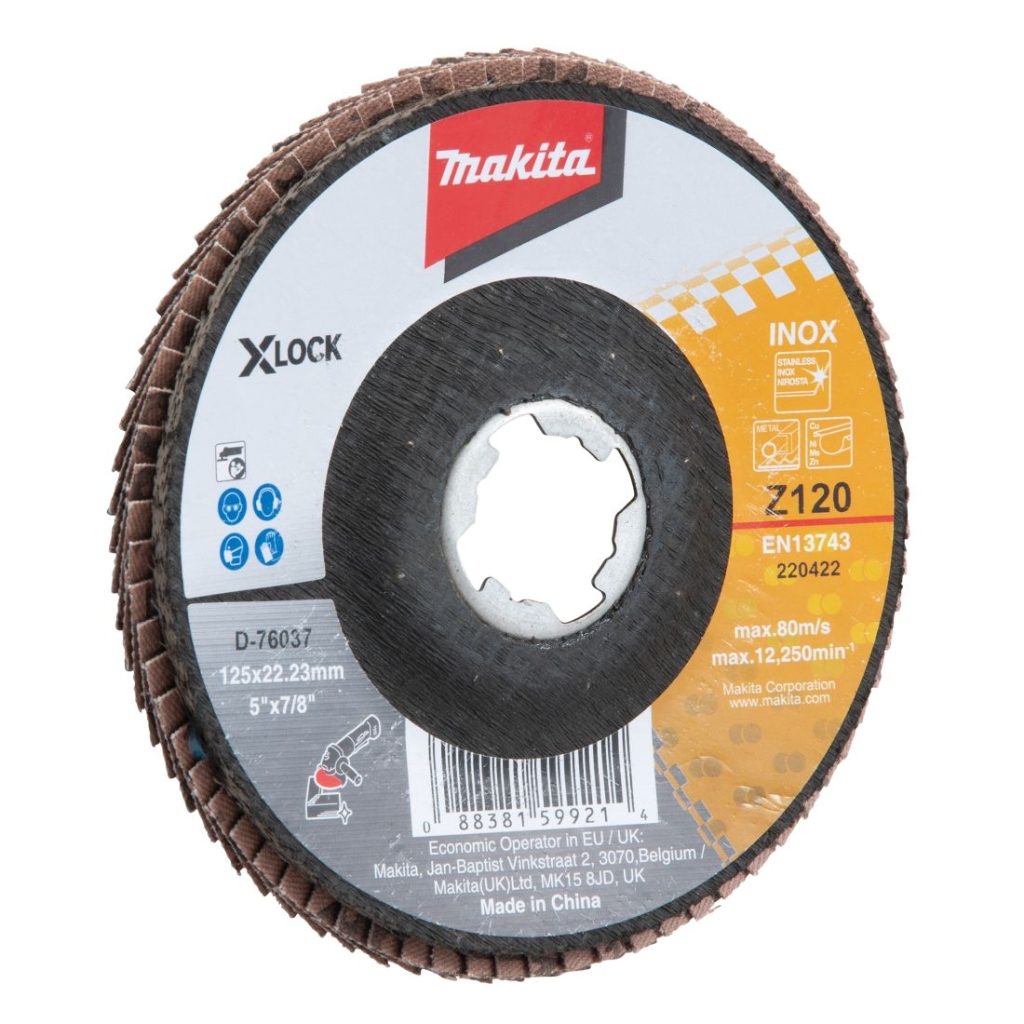 MAKITA Liuskalaikka 125 mm X-LOCK K120 rst Zircon. Kuvassa liuskalaikka etuviistosta.