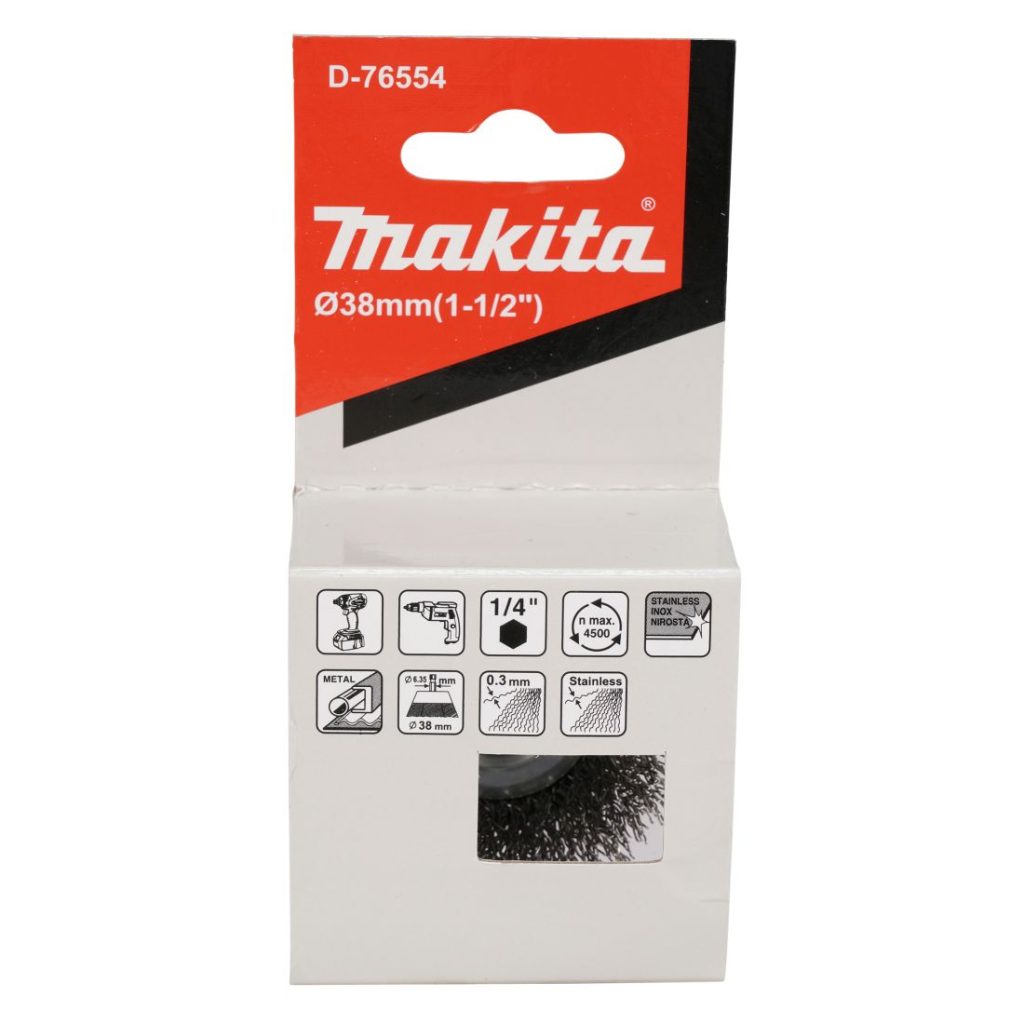 MAKITA Teräsharja 38 mm. Kuvassa kuppiharjapakkaus edestäpäin.