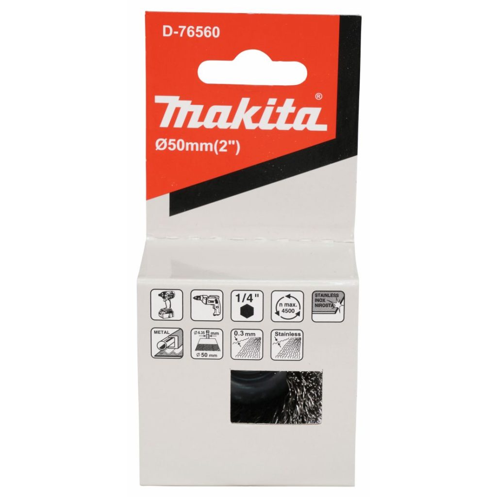 MAKITA Teräsharja 50 mm. Kuvassa kuppiharjapakkaus edestäpäin.